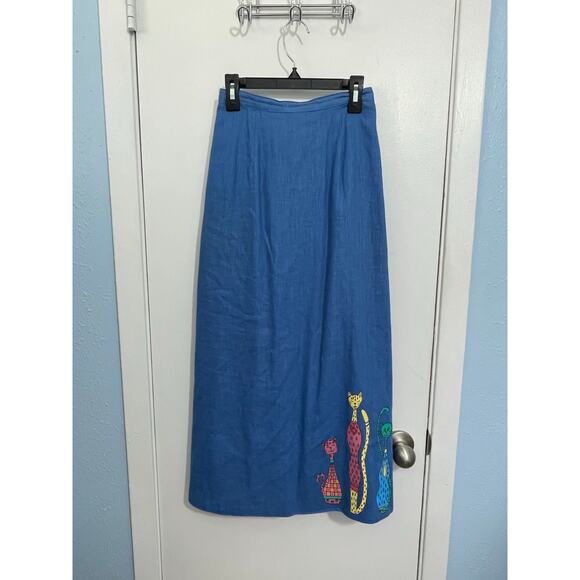 Vintage Stonebridge Linen Blend Maxi Skirt XXS Blue Painted Whimsical Cats Artsy - Picture 1 of 7